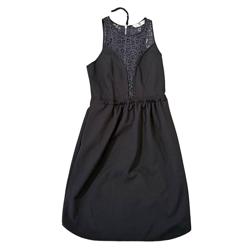Rebecca Taylor Black Ponte Lace Inset Dress 0 Sleeveless Pleated Mini LBD